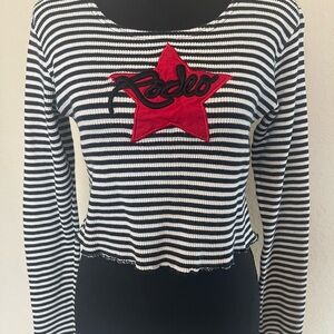 Roper Black and White Striped Crop Top with Red Star